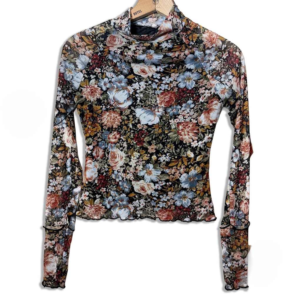 Promesa Floral Mesh Mock Neck Long Sleeve Top Y2K Sheer Lettuce Hem Womens S
